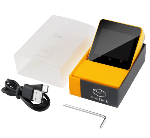 A device with a black screen and a yellow box with a black wire